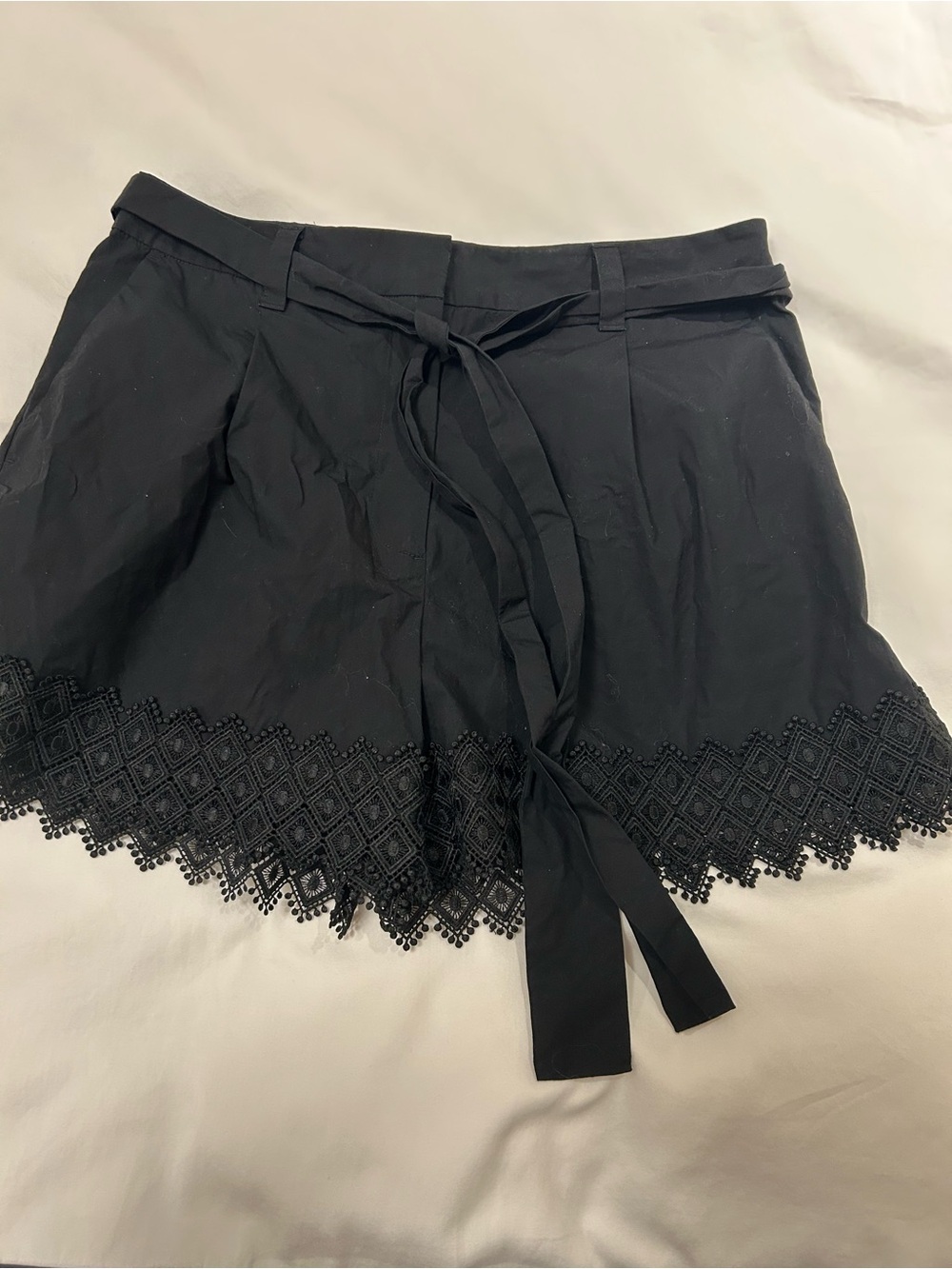 Twinset Milano Black Lace-Hem Women’s Shorts with Tie Waist